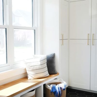 Mudroom renovation with white cabinetry Niagara